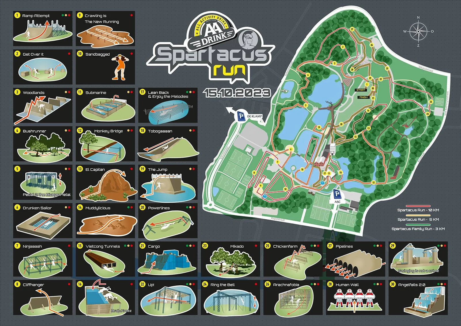 Official 10 km Spartacus Run Boom course map with 30 numbered obstacles