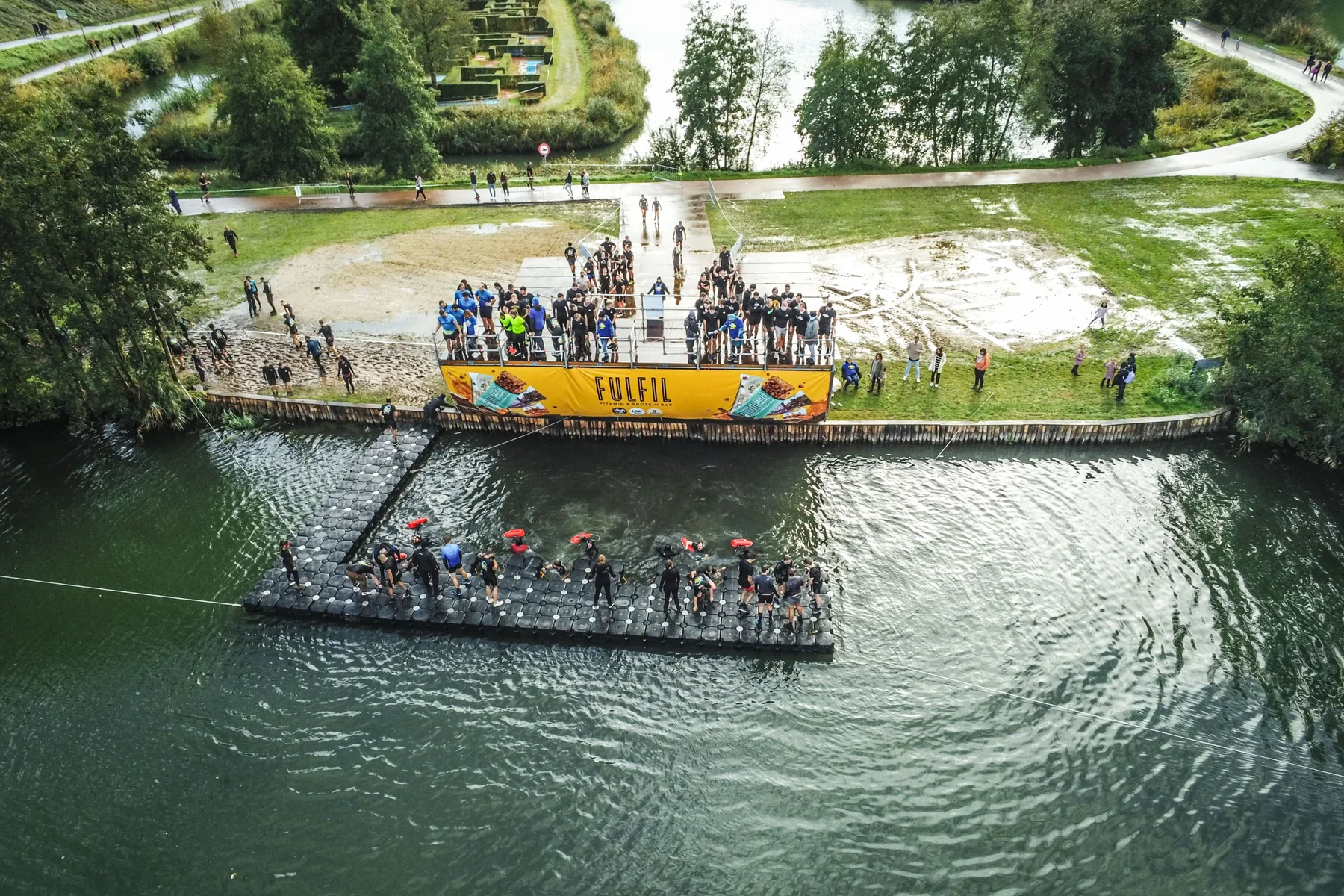 Aerial view of the water obstacle at Spartacus Run Boom